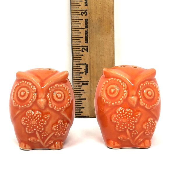 Owl Salt & Pepper Shaker Set Mini Orange Cute Ceramic Boho Retro Wise Bird - Picture 5 of 6
